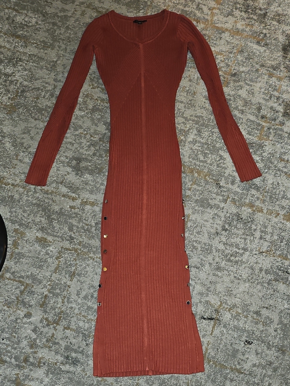 Guess Ribbed Long Sleeve Rust Bodycon Maxi Dress Size XS